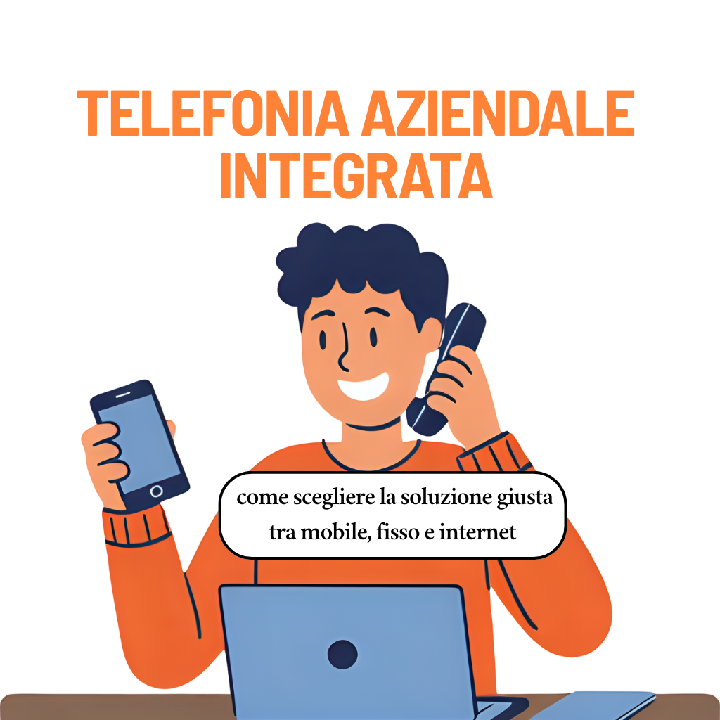 Illustrazione di un uomo al lavoro con telefono fisso e smartphone in mano, davanti a un computer portatile. Testo: "Telefonia aziendale integrata – come scegliere la soluzione giusta tra mobile, fisso e internet".